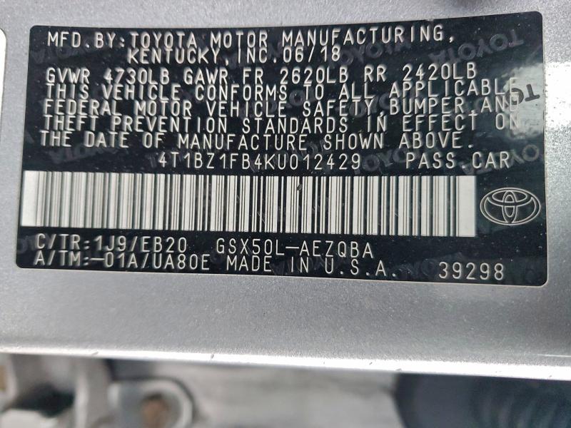 TOYOTA AVALON 2019 VIN 4T1BZ1FB4KU012429