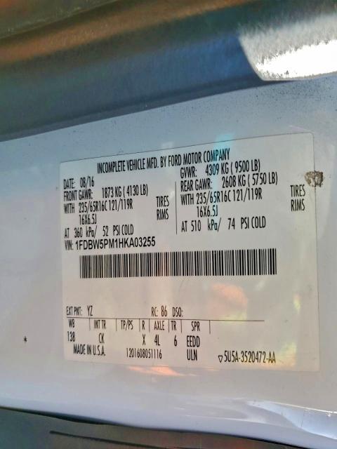 FORD TRANSIT 2017 VIN 1FDBW5PM1HKA03255