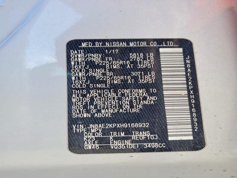 NISSAN QUEST 2017 VIN JN8AE2KPXH9168932