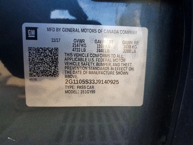 CHEVROLET IMPALA 2018 VIN 2G1105S33J9140925