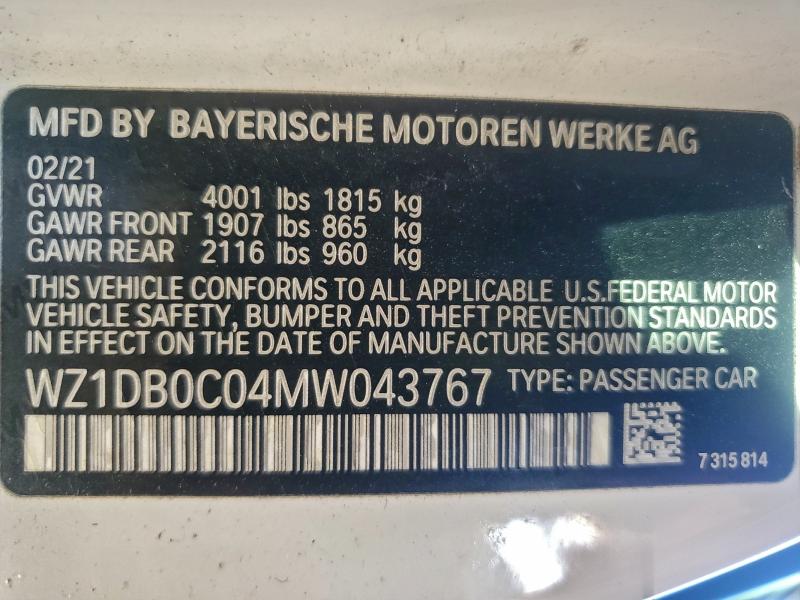 TOYOTA SUPRA 2021 VIN WZ1DB0C04MW043767