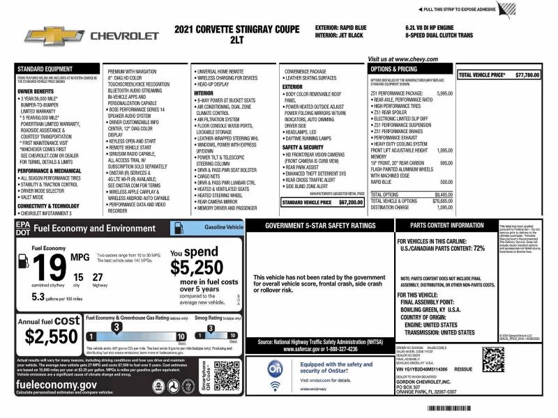 CHEVROLET CORVETTE 2021 VIN 1G1YB2D48M5114366