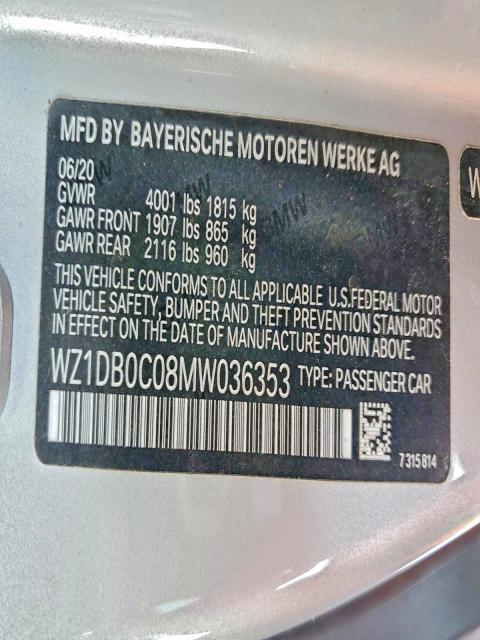 TOYOTA SUPRA 2021 VIN WZ1DB0C08MW036353