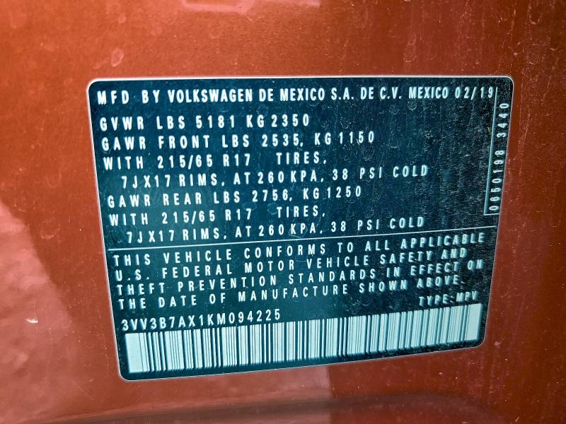 VOLKSWAGEN TIGUAN 2019 VIN 3VV3B7AX1KM094225