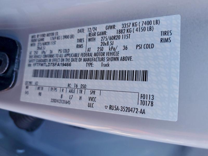 FORD F150 PLATI 2025 VIN 1FTFW7LD7SFA19466