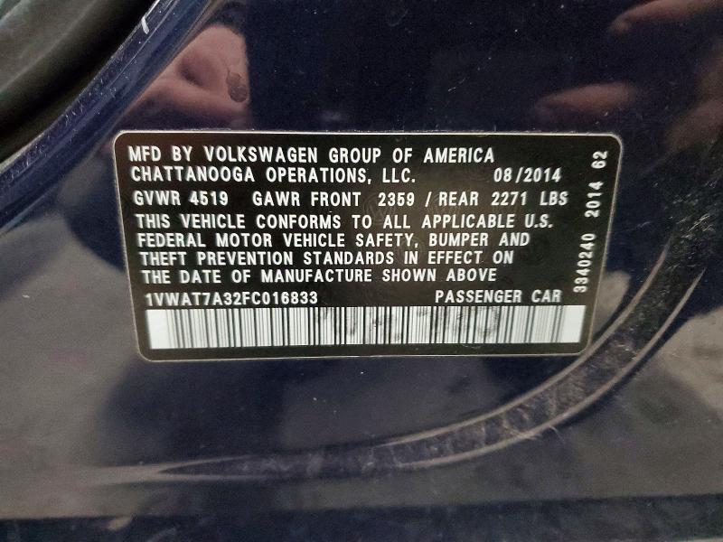 VOLKSWAGEN PASSAT 2015 VIN 1VWAT7A32FC016833