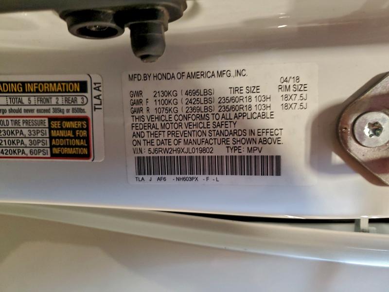 HONDA CRV 2018 VIN 5J6RW2H9XJL019802