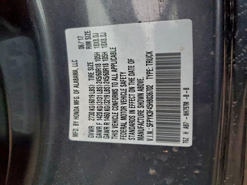 HONDA RIDGELINE 2017 VIN 5FPYK3F45HB036702