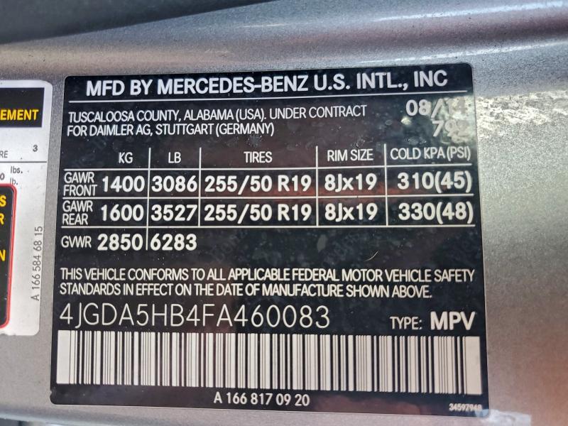 MERCEDES-BENZ M-CLASS 2015 VIN 4JGDA5HB4FA460083