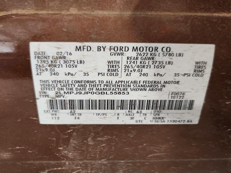 LINCOLN MKX 2016 VIN 2LMPJ9JP0GBL55853