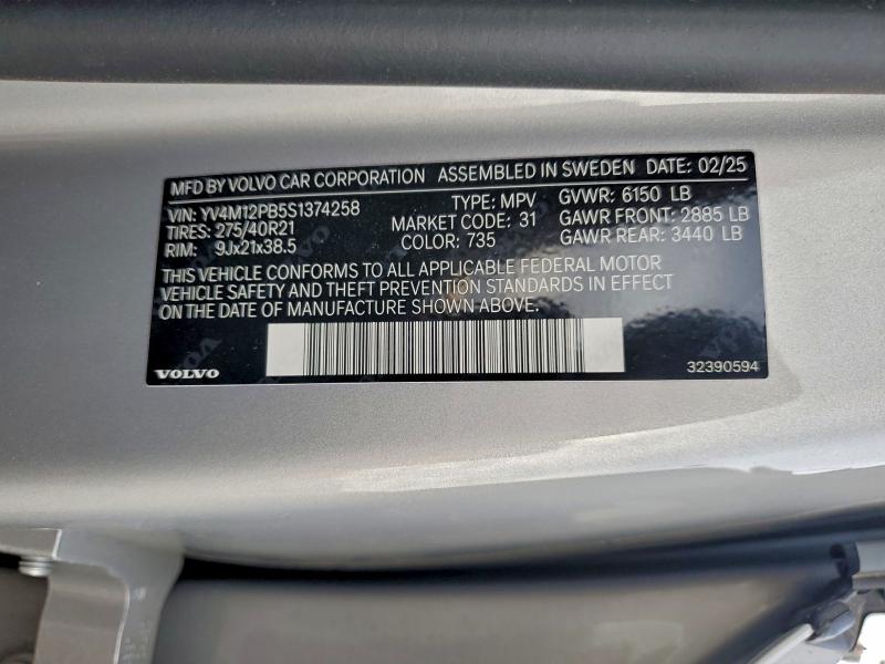 VOLVO XC90 PLUS 2025 VIN YV4M12PB5S1374258