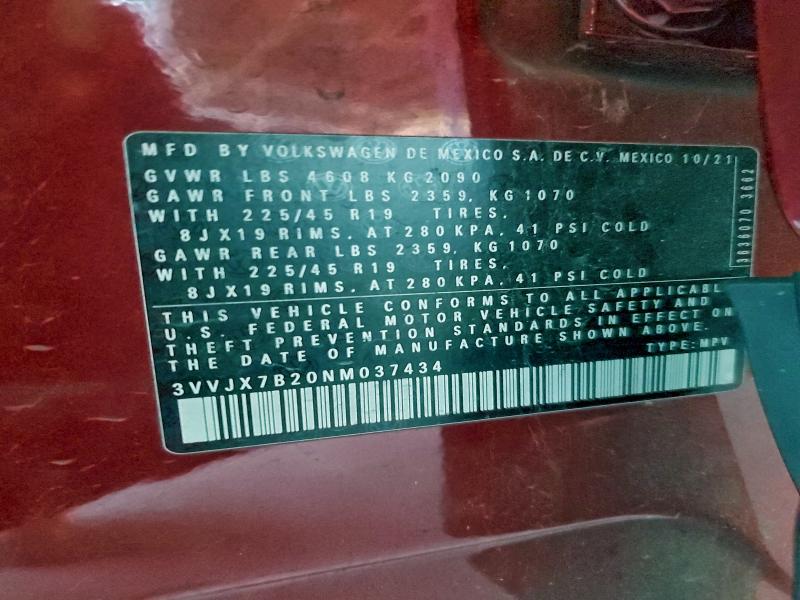 VOLKSWAGEN TAOS SEL 2022 VIN 3VVJX7B20NM037434