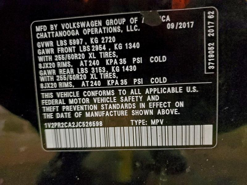 VOLKSWAGEN ATLAS 2018 VIN 1V2PR2CA2JC526598