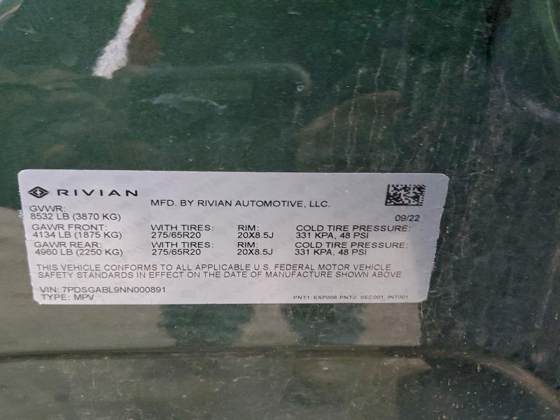 RIVIAN RIS 2022 VIN 7PDSGABL9NN000891