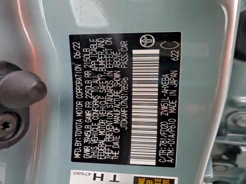 TOYOTA PRIUS NIGH 2022 VIN JTDKAMFU7N3178596