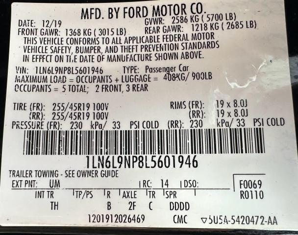 LINCOLN CONTINENTL 2020 VIN 1LN6L9NP8L5601946