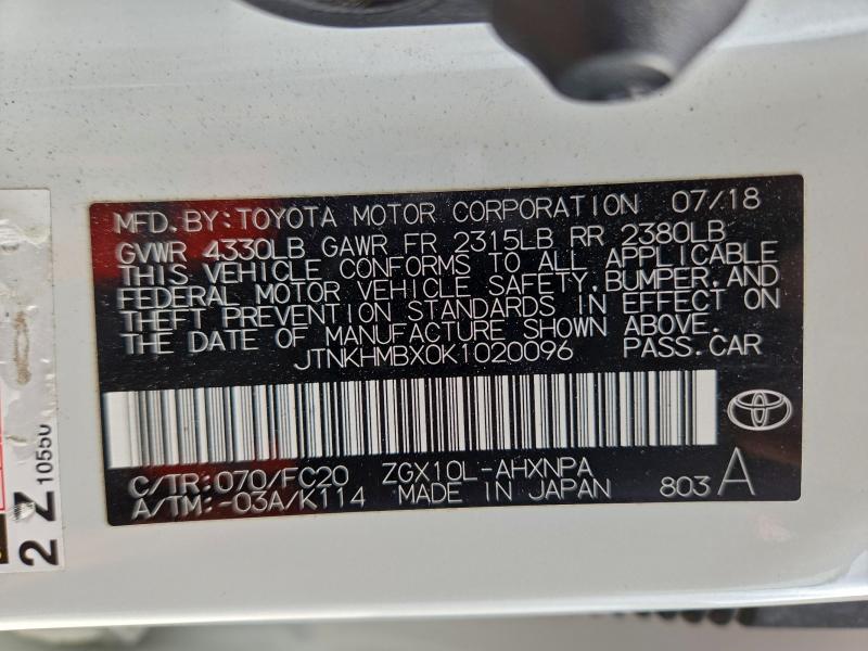 TOYOTA C-HR 2019 VIN JTNKHMBX0K1020096