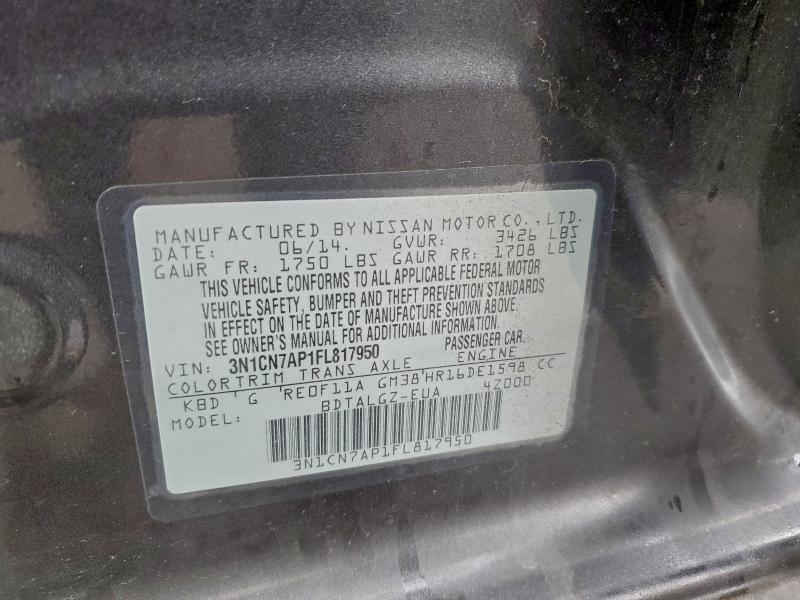 NISSAN VERSA 2015 VIN 3N1CN7AP1FL817950