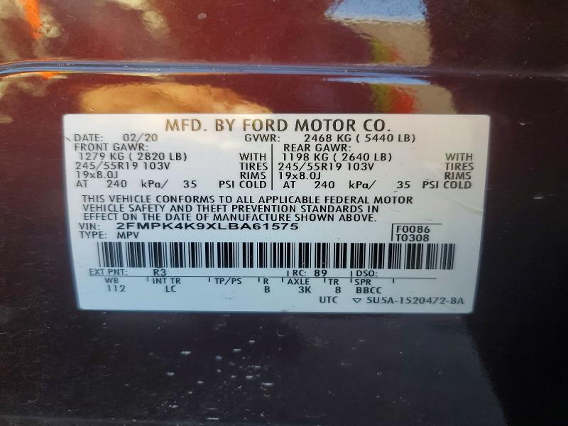 FORD EDGE 2020 VIN 2FMPK4K9XLBA61575