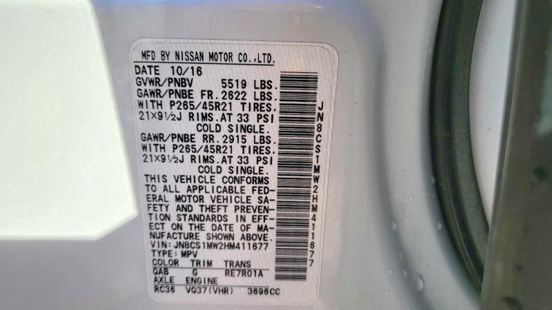 INFINITI QX70 2017 VIN JN8CS1MW2HM411677