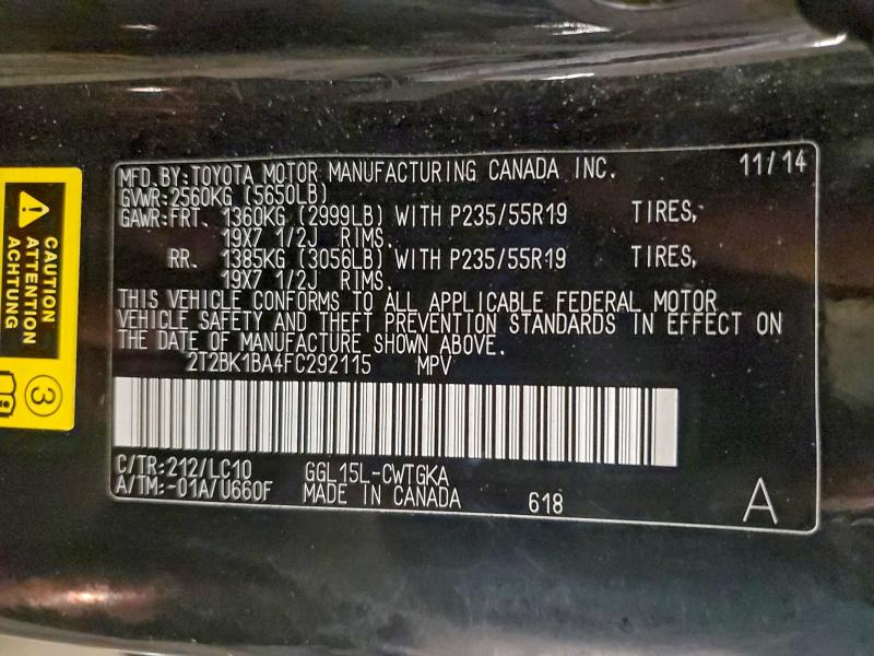 LEXUS RX350 2015 VIN 2T2BK1BA4FC292115