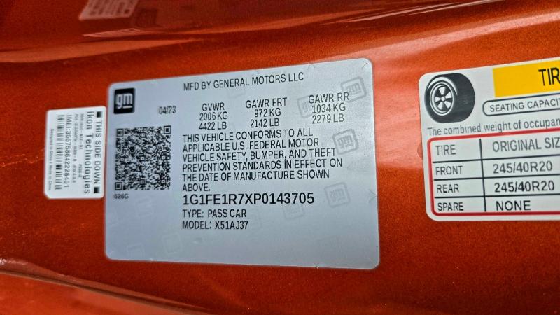 CHEVROLET CAMARO LT1 2023 VIN 1G1FE1R7XP0143705