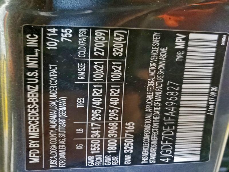 MERCEDES-BENZ GL-CLASS 2015 VIN 4JGDF7DE1FA496827