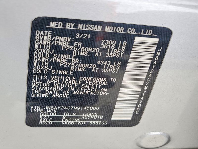 NISSAN ARMADA 2021 VIN JN8AY2AC7M9147066