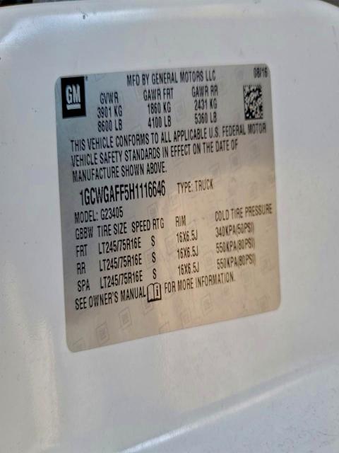 CHEVROLET EXPRESS 2017 VIN 1GCWGAFF5H1116646