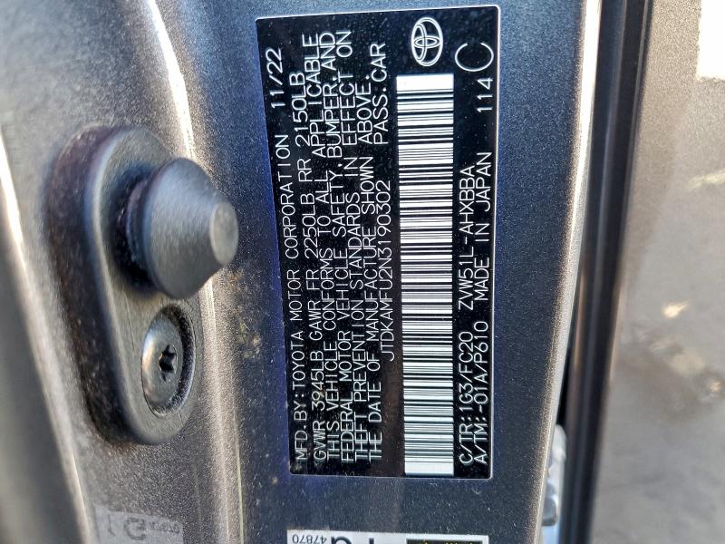 TOYOTA PRIUS NIGH 2022 VIN JTDKAMFU2N3190302