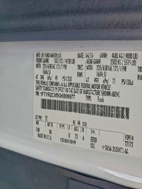 FORD TRANSIT 2016 VIN 1FTYR2CM5GKB06977