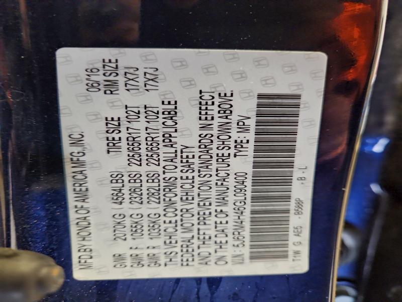 HONDA CRV 2016 VIN 5J6RM4H46GL090400