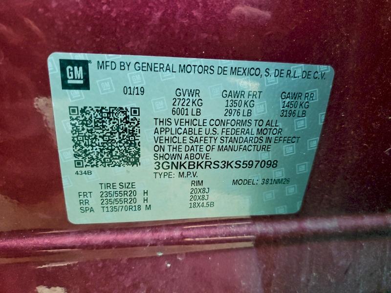 CHEVROLET BLAZER 2019 VIN 3GNKBKRS3KS597098