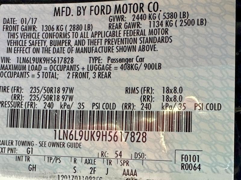 LINCOLN CONTINENTL 2017 VIN 1LN6L9UK9H5617828