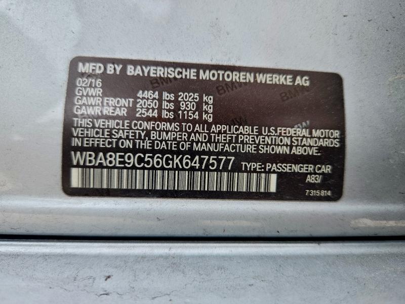 BMW 3 SERIES 2016 VIN WBA8E9C56GK647577