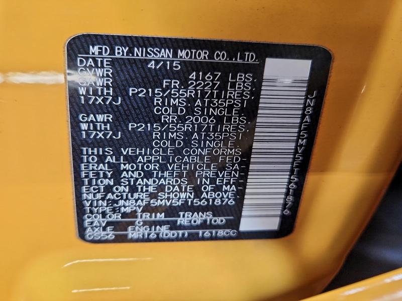 NISSAN JUKE 2015 VIN JN8AF5MV5FT561876