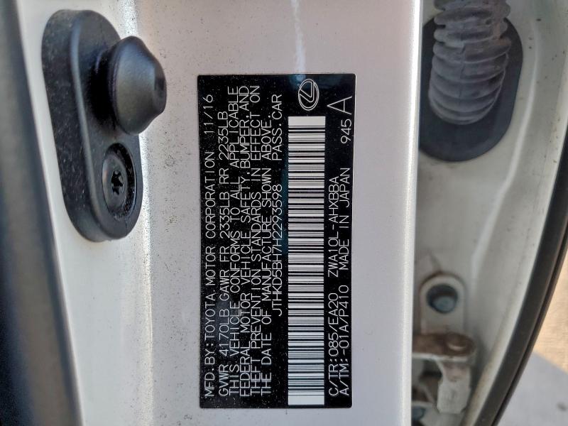 LEXUS CT 200 2017 VIN JTHKD5BH7H2293598