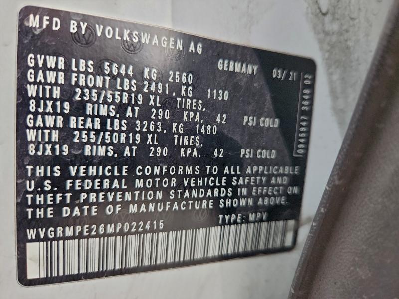 VOLKSWAGEN ID.4 PRO 2021 VIN WVGRMPE26MP022415