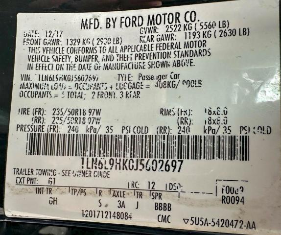 LINCOLN CONTINENTL 2018 VIN 1LN6L9HK0J5602697