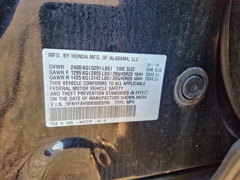 HONDA PASSPORT 2019 VIN 5FNYF8H90KB005206