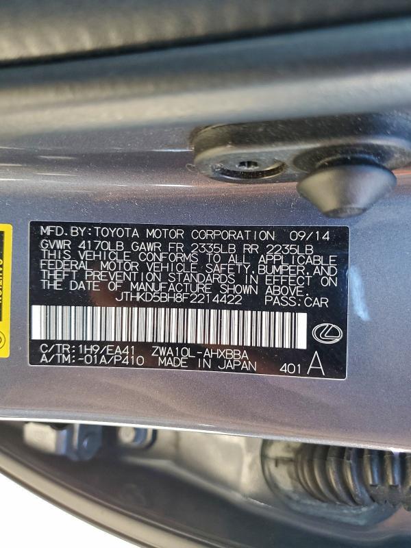 LEXUS CT 200 2015 VIN JTHKD5BH8F2214422