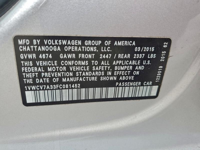 VOLKSWAGEN PASSAT 2015 VIN 1VWCV7A33FC081452
