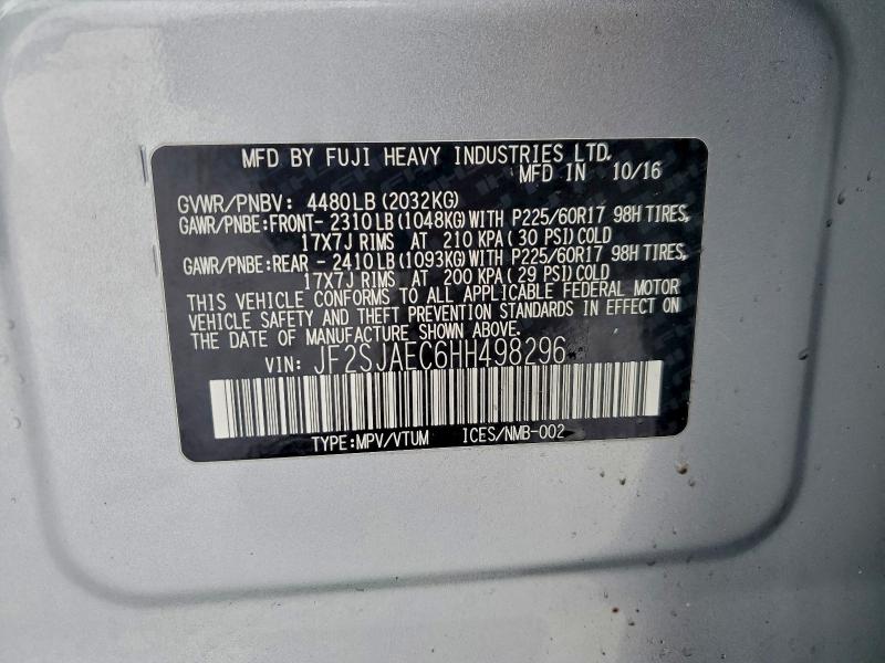 SUBARU FORESTER 2017 VIN JF2SJAEC6HH498296