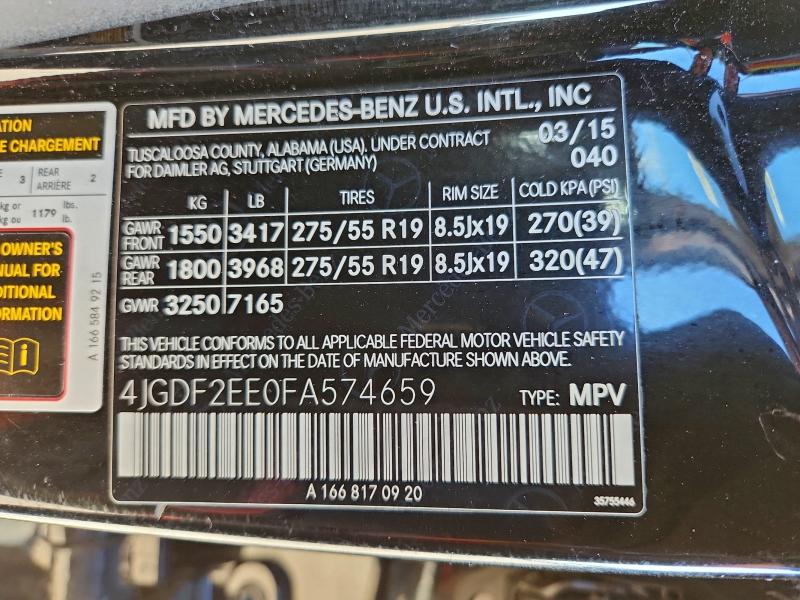 MERCEDES-BENZ GL-CLASS 2015 VIN 4JGDF2EE0FA574659