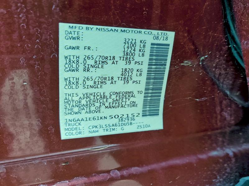 NISSAN TITAN 2019 VIN 1N6AA1E61KN502152