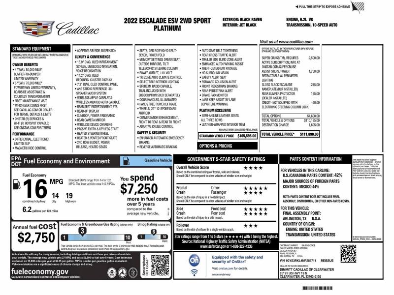 CADILLAC ESCALADE 2022 VIN 1GYS3RKL4NR258711