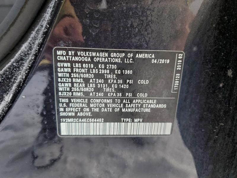 VOLKSWAGEN ATLAS 2019 VIN 1V2MR2CA4KC564452