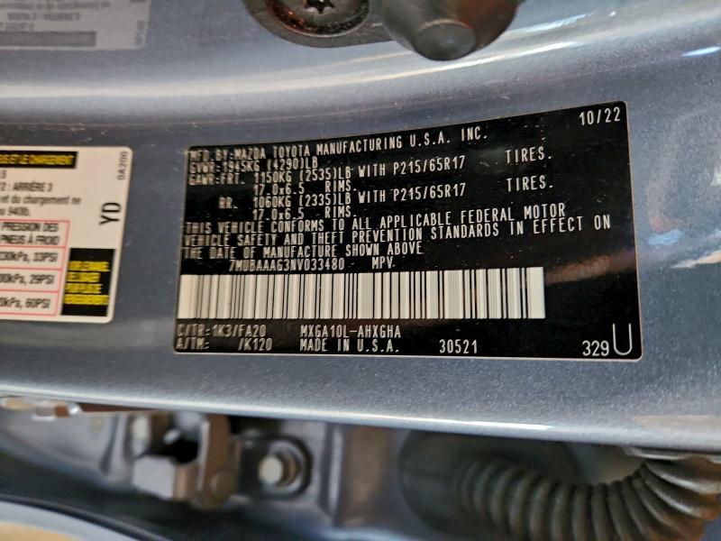 TOYOTA COROLLA CR 2022 VIN 7MUBAAAG3NV033480