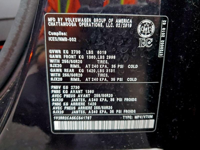 VOLKSWAGEN ATLAS 2019 VIN 1V2RR2CA5KC541767
