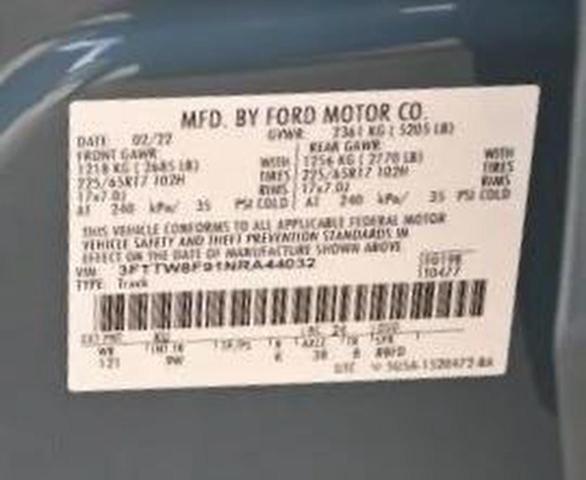 FORD MAVERICK 2022 VIN 3FTTW8F91NRA44032